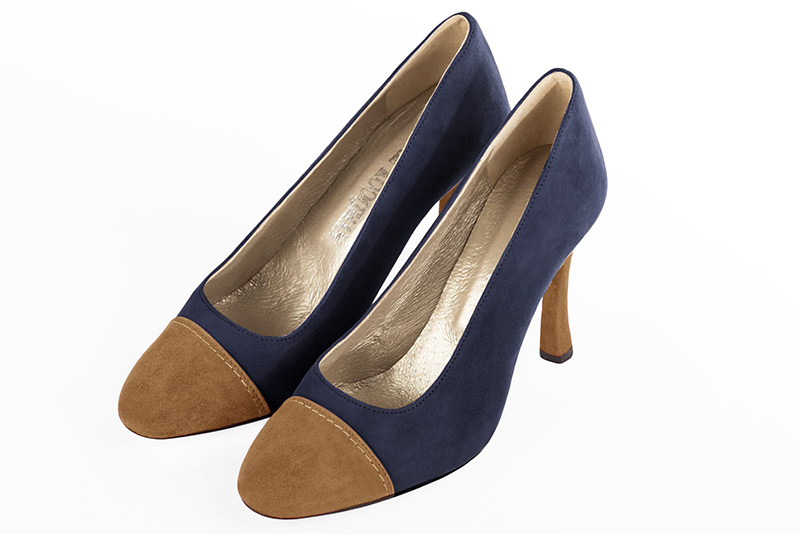 Caramel brown and navy blue women's dress pumps, with a round neckline. Round toe. Very high slim heel. Front view - Florence KOOIJMAN